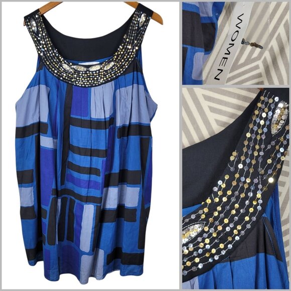 NEW Denim 24/7 Plus Size 22 22W 3X Tank Top Sleeveless Sequin Geometric Blue - Picture 1 of 6